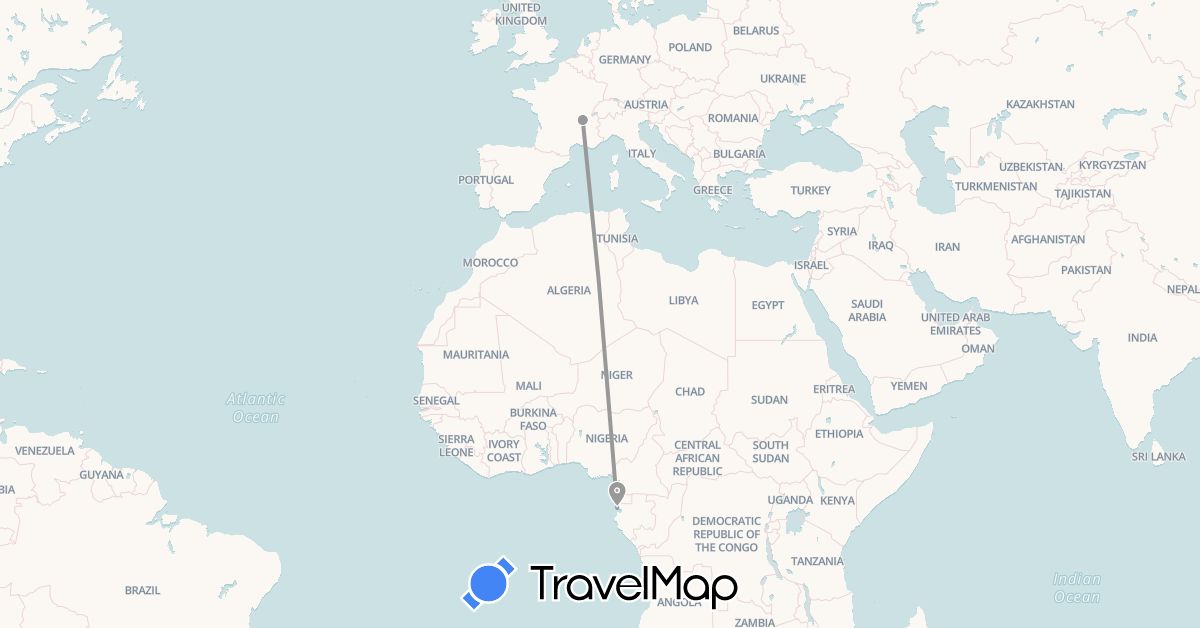 TravelMap itinerary: driving, plane in France, Gabon (Africa, Europe)
